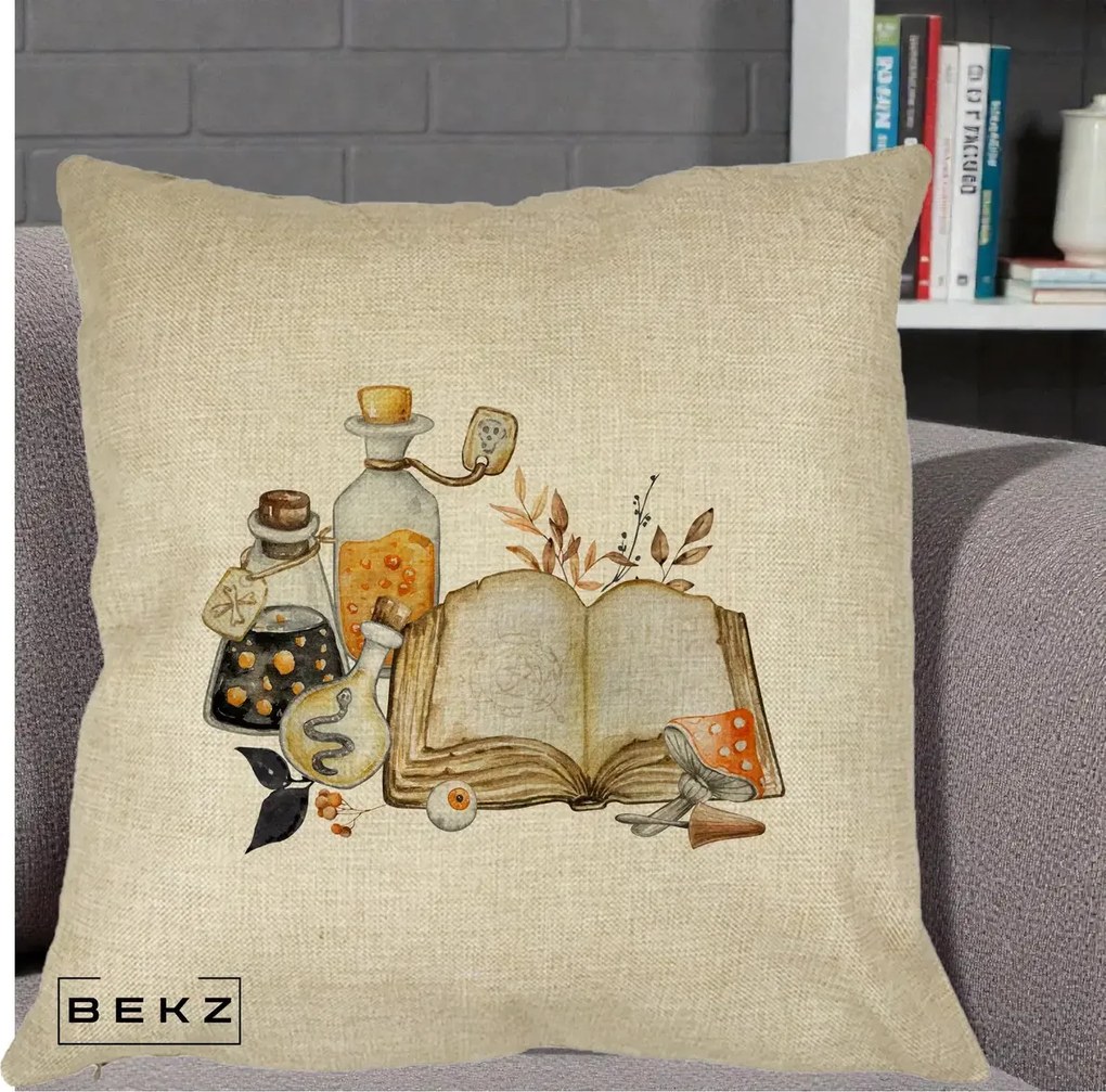 Perna Decorativa Grimoire Vrajitoare si Filtre Magice Halloween, 40x40 cm, Crem, Husa Detasabila, Perna Inclusa, BEKZ®