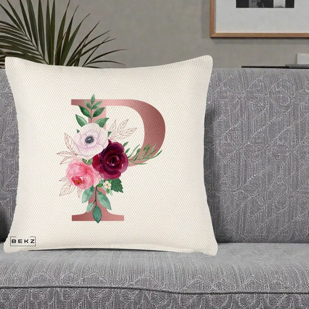 Cadou Personalizat - Perna Personalizata Monograma Rose Gold Litera P, 40x40 cm, Crem Reliefat, Husa Detasabila, Perna Inclusa, BEKZ®