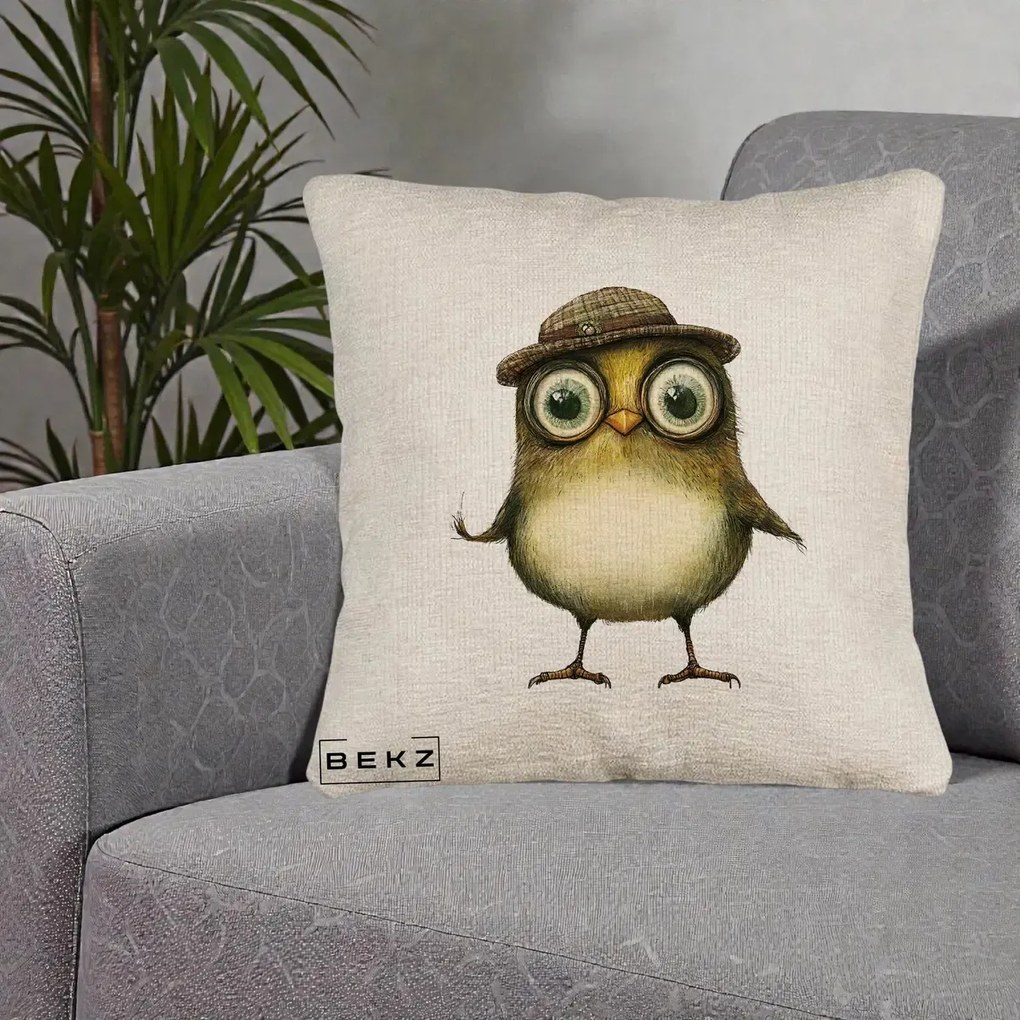 Perna Decorativa Pui Intelectual cu Palarie Tweed, 40x40 cm, Bej Canapea, Husa Detasabila, Perna Inclusa, BEKZ®