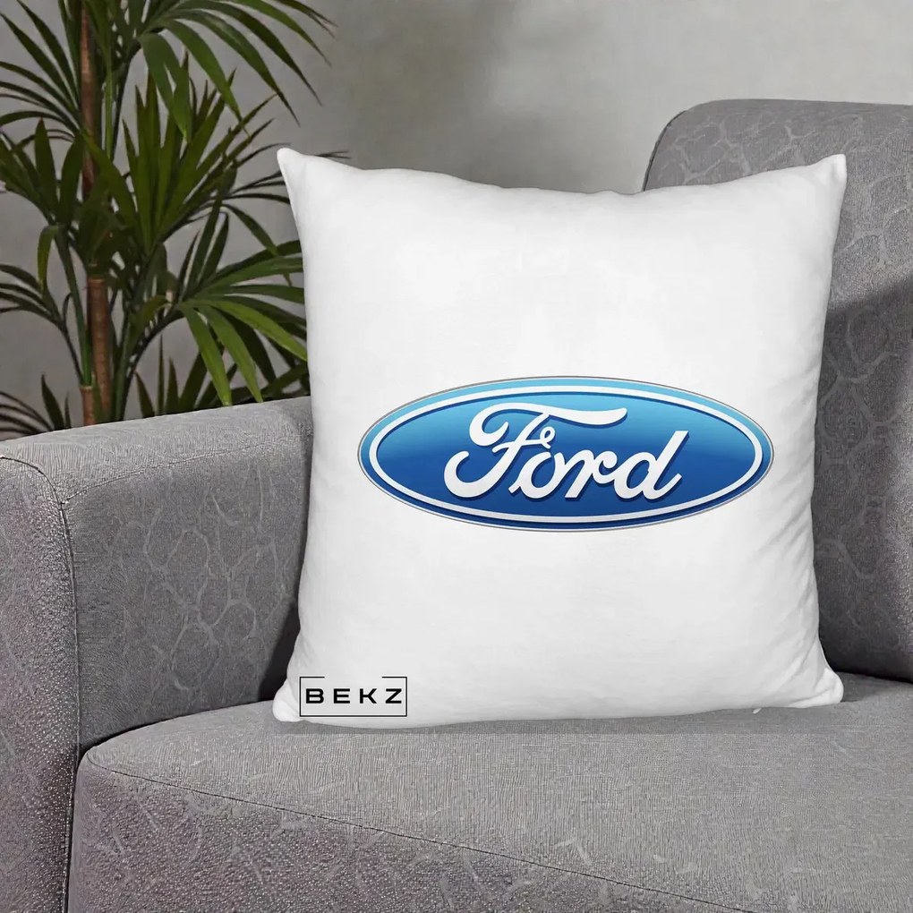 Perna Personalizata cu emblema Ford, 40x40 cm, Alb Pufos, Husa Detasabila, Perna Inclusa, BEKZ®