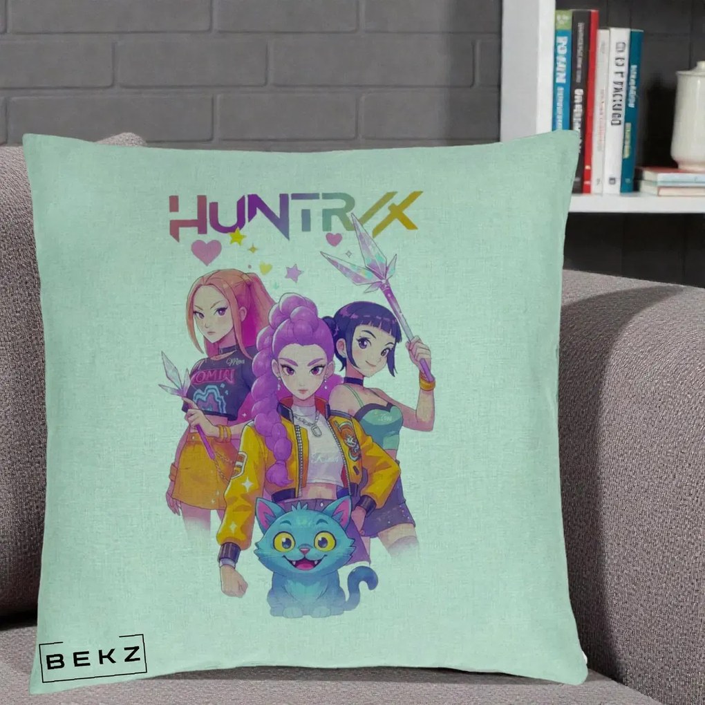 Perna Personalizata K-pop HUNTRX Trio Foto cu Pisica, 40x40 cm, Verde Menta, Husa Detasabila, Perna Inclusa, BEKZ®