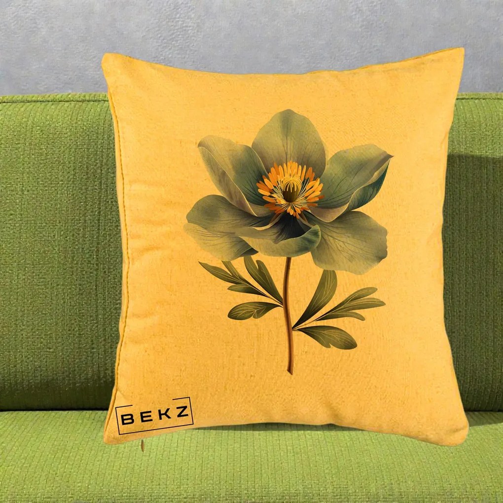 Perna Decorativa Anemona Albastra Botanica, 40x40 cm, Galben, Husa Detasabila, Perna Inclusa, BEKZ®