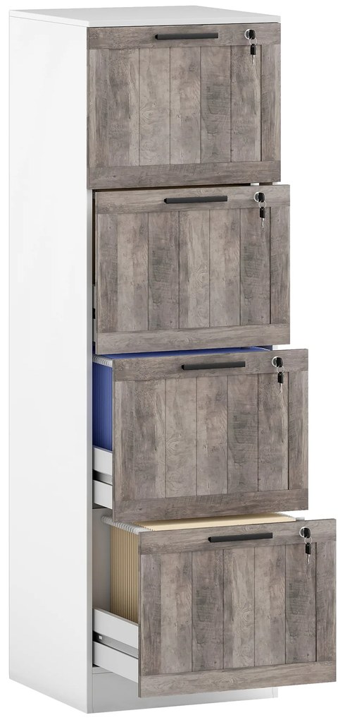 HOMCOM Cajonieră de Birou cu 4 Sertare Încuietoare 2 Chei Bare Suspendate pentru A4 Scrisoare 39,4x40x129 cm Alb și Lemn | Aosom Romania