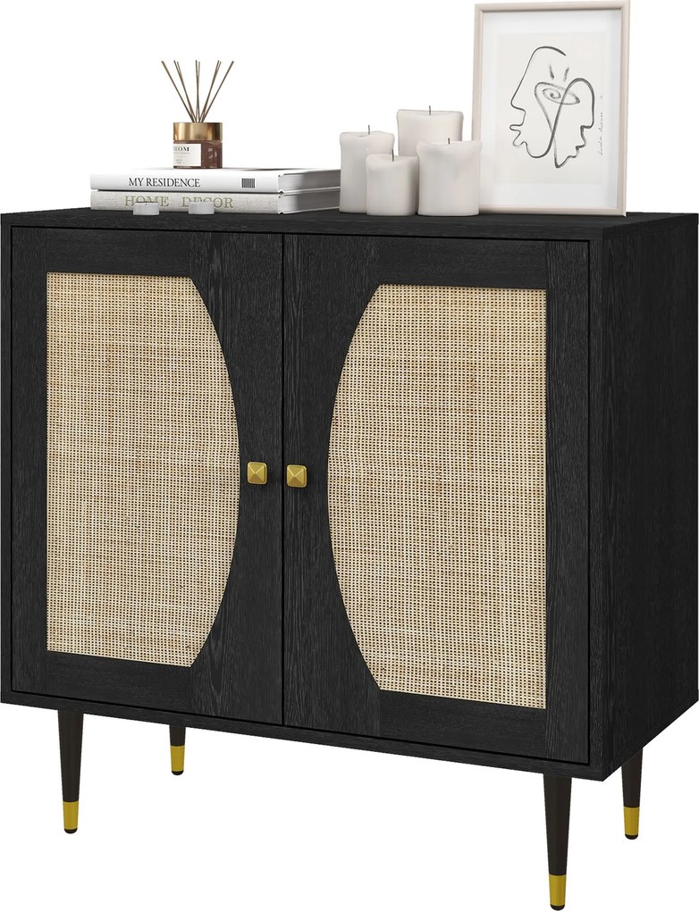 HOMCOM Bufet de bucătărie mobilier de depozitare design boem cu dublă uși și 2 nivele, fațadă din răchită 80 x 38 x 79 cm negru | Aosom Romania