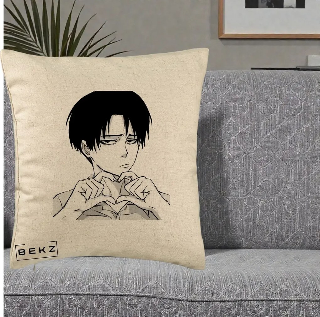 Perna Personalizata Levi Ackerman Inima, 40x40 cm, Bej, Husa Detasabila, Perna Inclusa, BEKZ®