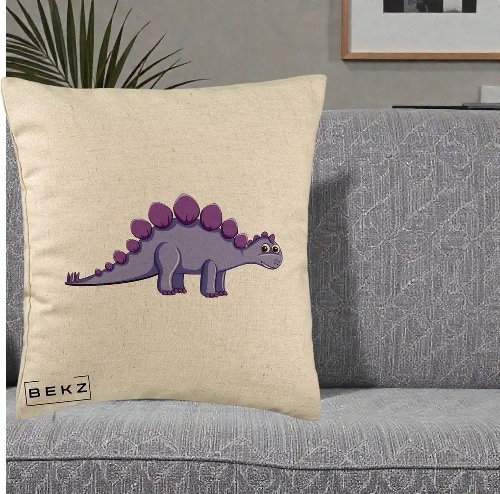 Perna Personalizata Stegozaur Mov, 40x40 cm, Bej, Husa Detasabila, Perna Inclusa, BEKZ®