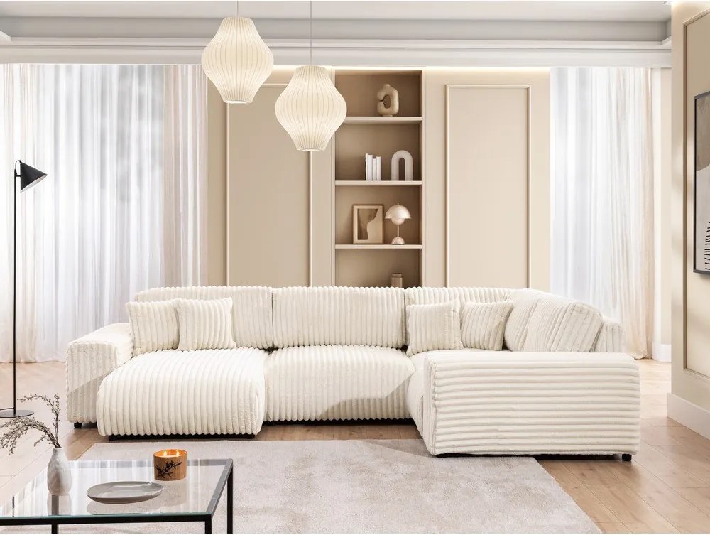 Colțar crem cu tapițerie din catifea reiată (cu colț pe partea dreaptă/în formă de "U") Justin – Ropez