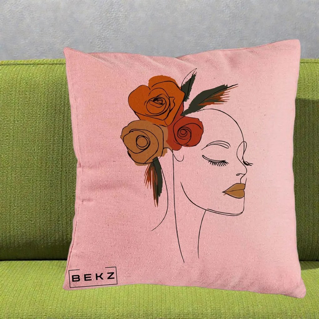 Perna Decorativa Portret Feminin Trandafiri Ruginii, 40x40 cm, Roz, Husa Detasabila, Perna Inclusa, BEKZ®