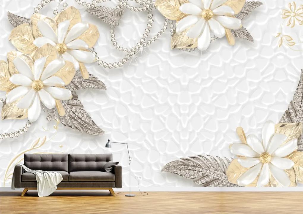 Tapet Premium Canvas - Abstract flori albe cu perle