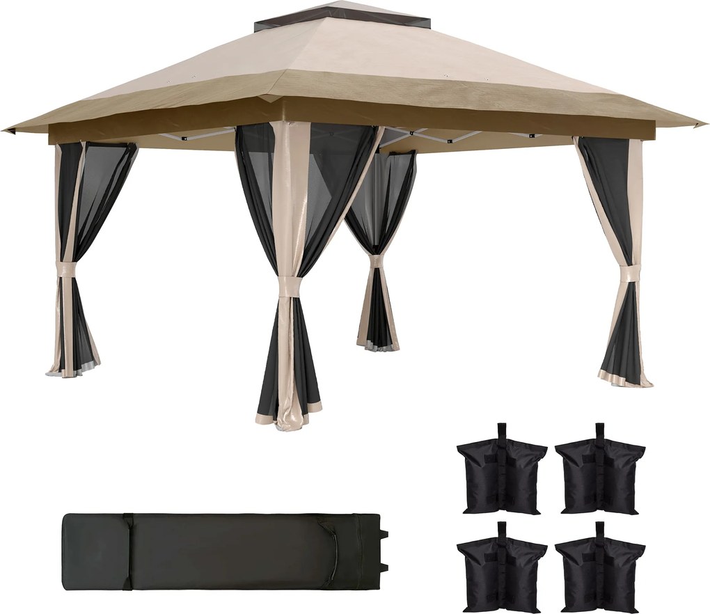 Outsunny Pavilion pliant 3,6x3,6 m cu pereți laterali din plasă UPF50+, înălțime reglabilă, geantă cu roți și saci cu nisip, bej | Aosom Romania