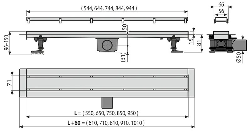 Set rigola de dus cu capac faiantabil, AlcaPlast, APZ13-DOUBLE9 FIT AND GO, 65 cm