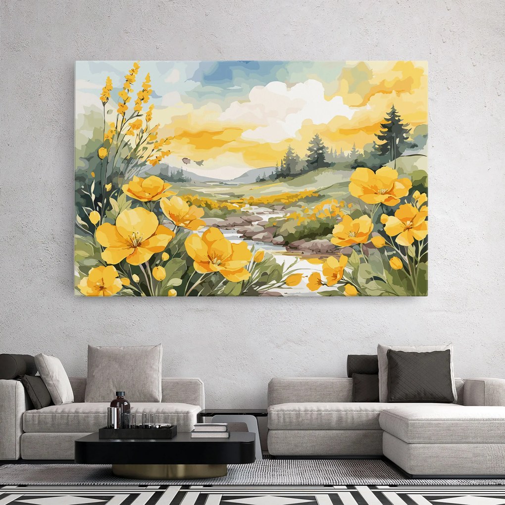 Tablou Canvas, 30x40cm, Dormitor si Living, Flori, Flori in natura, Vector_nature_landscape_with_beautiful_yellow_flowers_watercolor
