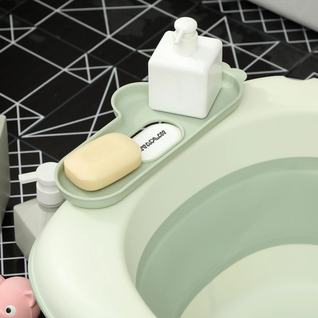 AIYAPLAY Cadă de Baie Pliabilă pentru Nou-Născuți 0-3 ani cu Pernă Rafturi și Fund Antiderapant, 86x53x25,5 cm, Verde | Aosom Romania