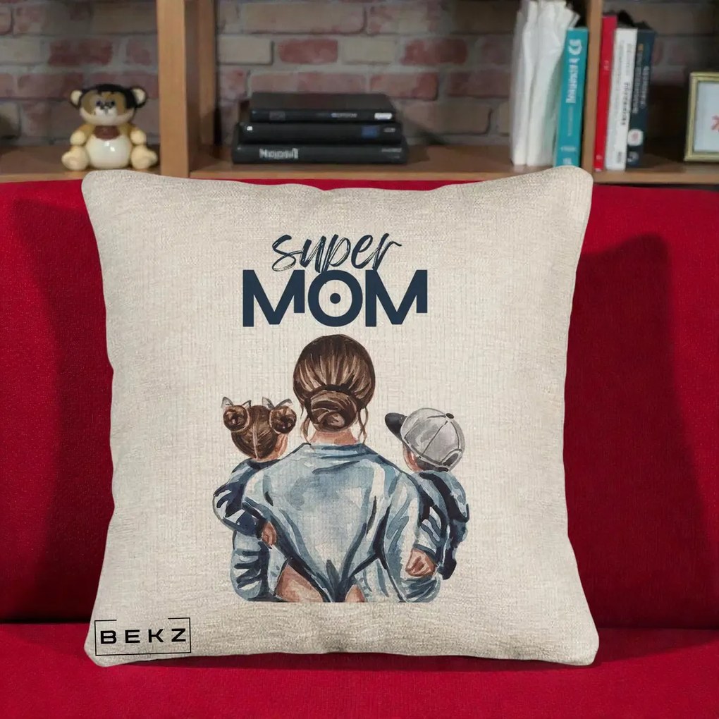 Cadou pentru Mama - Perna Personalizata Super Mom, 40x40 cm, Bej Canapea, Husa Detasabila, Perna Inclusa, BEKZ®
