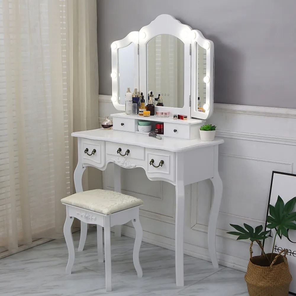 Set Elisabeta, Masă de toaletă cu 3 oglinzi iluminate LED, control touch, 5 sertare, scaun, Alb,