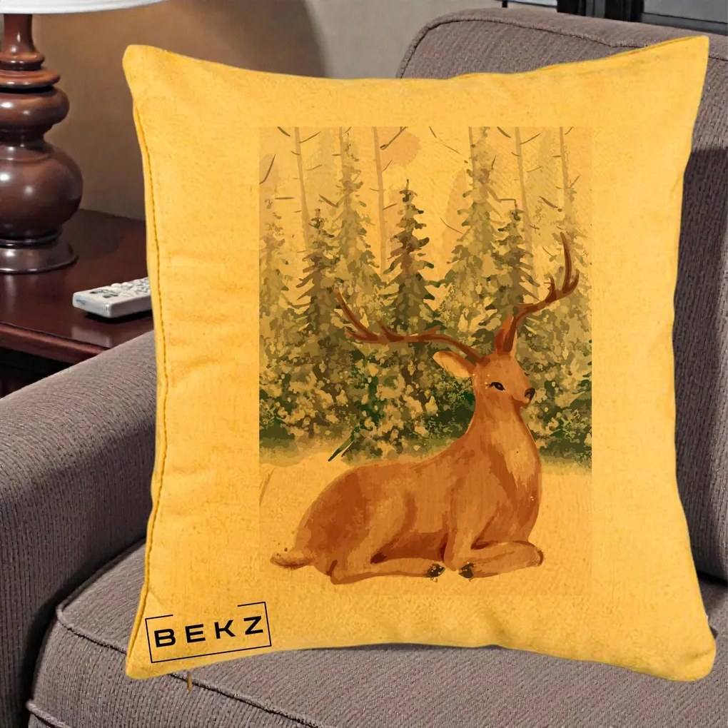 Perna Decorativa Ren in Padure Roz Moale, 40x40 cm, Galben, Husa Detasabila, Perna Inclusa, BEKZ®