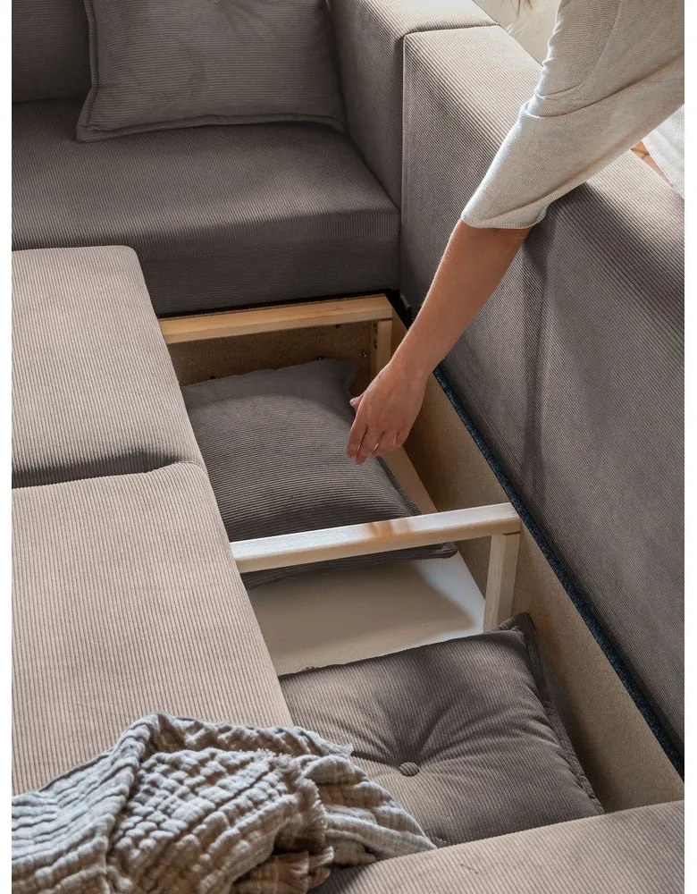 Colțar maro deschis extensibil cu tapițerie din catifea reiată (colț stânga) Lazy Lukka – Miuform