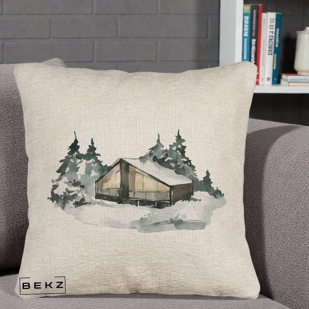 Perna Decorativa Cabana de Iarna in Padure, 40x40 cm, Bej Canapea, Husa Detasabila, Perna Inclusa, BEKZ®