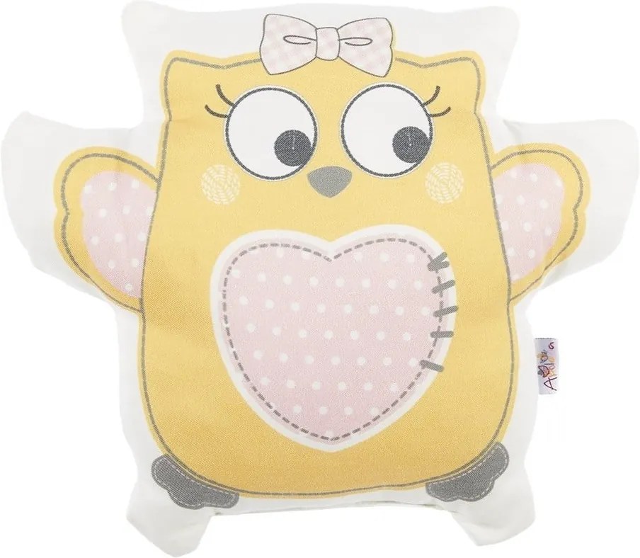 Pernă din amestec de bumbac pentru copii Apolena Pillow Toy Owl, 32 x 26 cm, galben