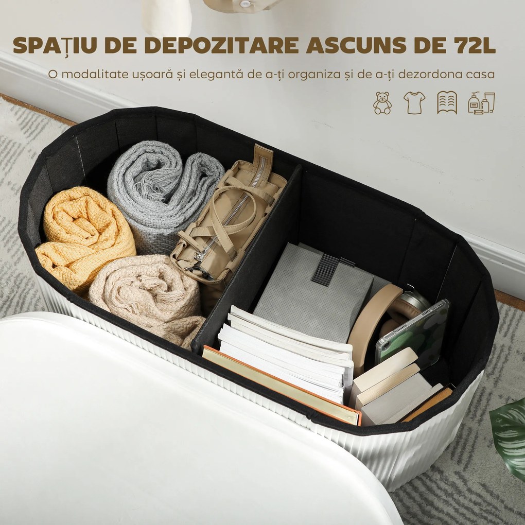 HOMCOM Taburet cu Spațiu de Depozitare Pliabil, Bancă Modernă Tapițată cu Material Catifea, Suport pentru Picioare cu Compartiment de 72L pentru Living și Dormitor, 76x38x35 cm, Crem | Aosom Romania