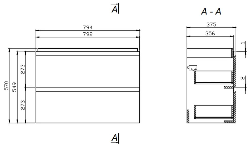 Dulap pentru lavoar, 57x80x38cm, 2 sertare, gri 800 mm, Gri