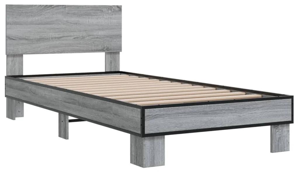 845820 vidaXL Cadru de pat, gri sonoma, 90x190 cm, lemn prelucrat și metal