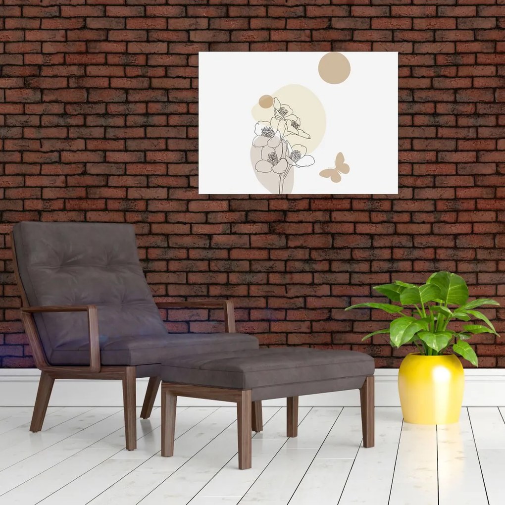 Tablou pe sticlă - Flori bej cu fluture N⁰4 (70x50 cm)