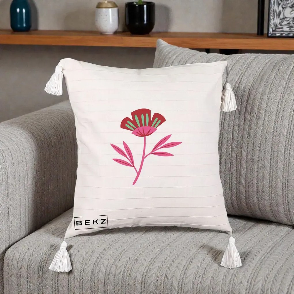 Perna Decorativa Floare Macul Roz-Rosu Grafic, 40x40 cm, Bej cu Franjuri, Husa Detasabila, Perna Inclusa, BEKZ®