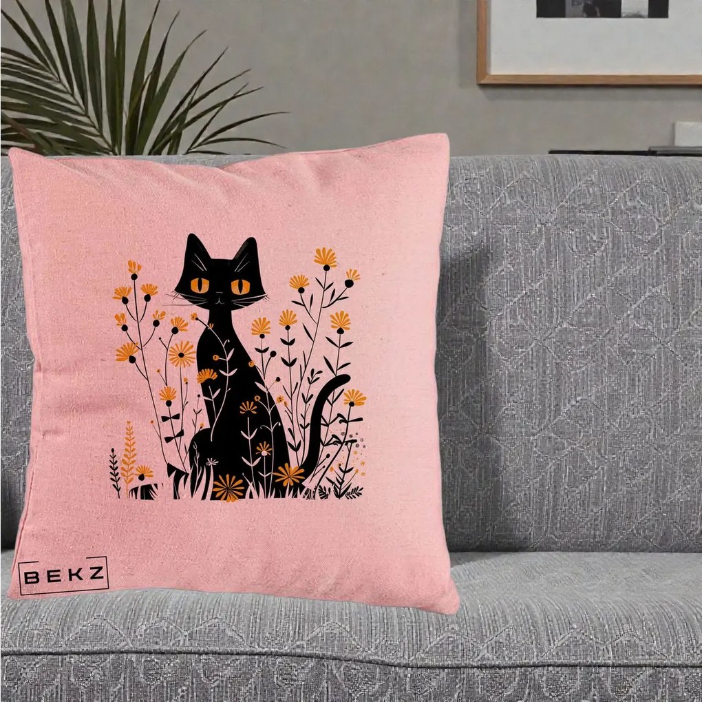 Perna Decorativa Pisica Neagra Ochi Galbeni Flori Galbene, 40x40 cm, Roz, Husa Detasabila, Perna Inclusa, BEKZ®