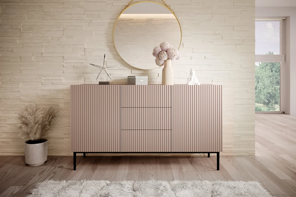 Comodă Nicole 150 cm cu trei sertare - MDF roz antichizat / picioare negre