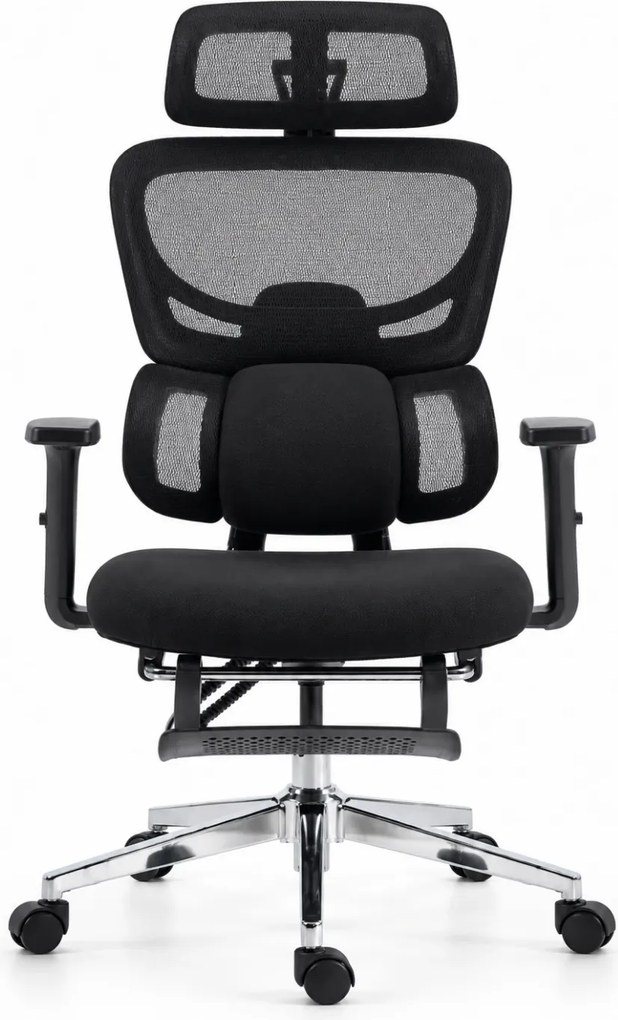 ErgoVanta — Scaun ergonomic, Spătar din Mesh, Suport lombar reglabil, Șezut buretat, Tetieră 2D, Cotiere reglabile, Mecanism cu blocare, Suport pentru picioare retractabil, Negru