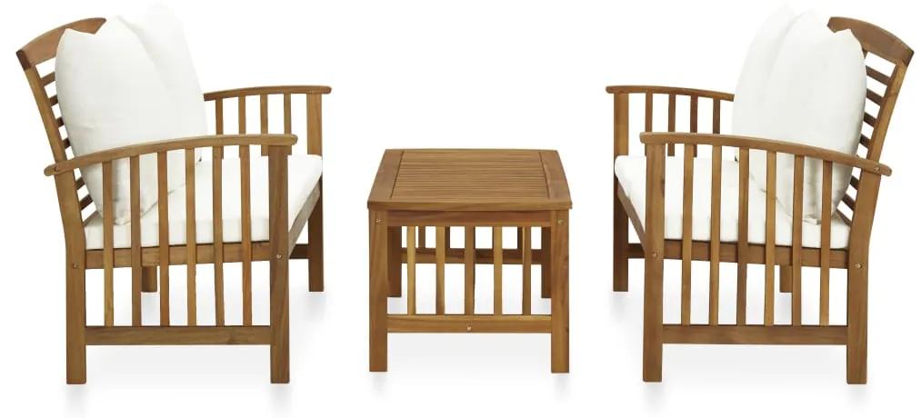 Set mobilier gradina cu perne, 3 piese, lemn masiv de acacia Alb, 2x banca + masa, 1
