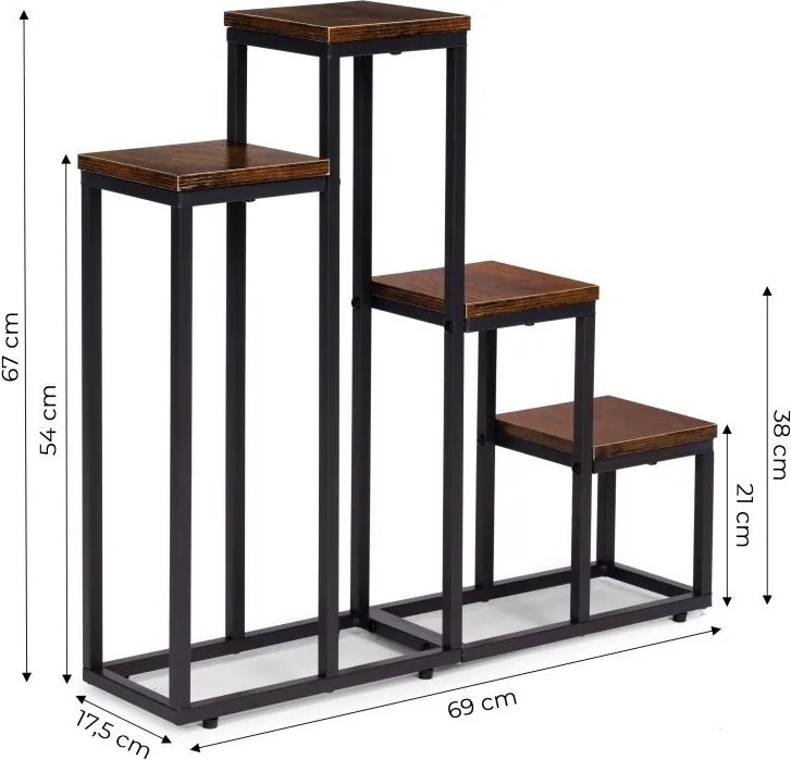 Suport pentru flori Loft - suport metalic pentru flori cu 4 rafturi și decor din lemn