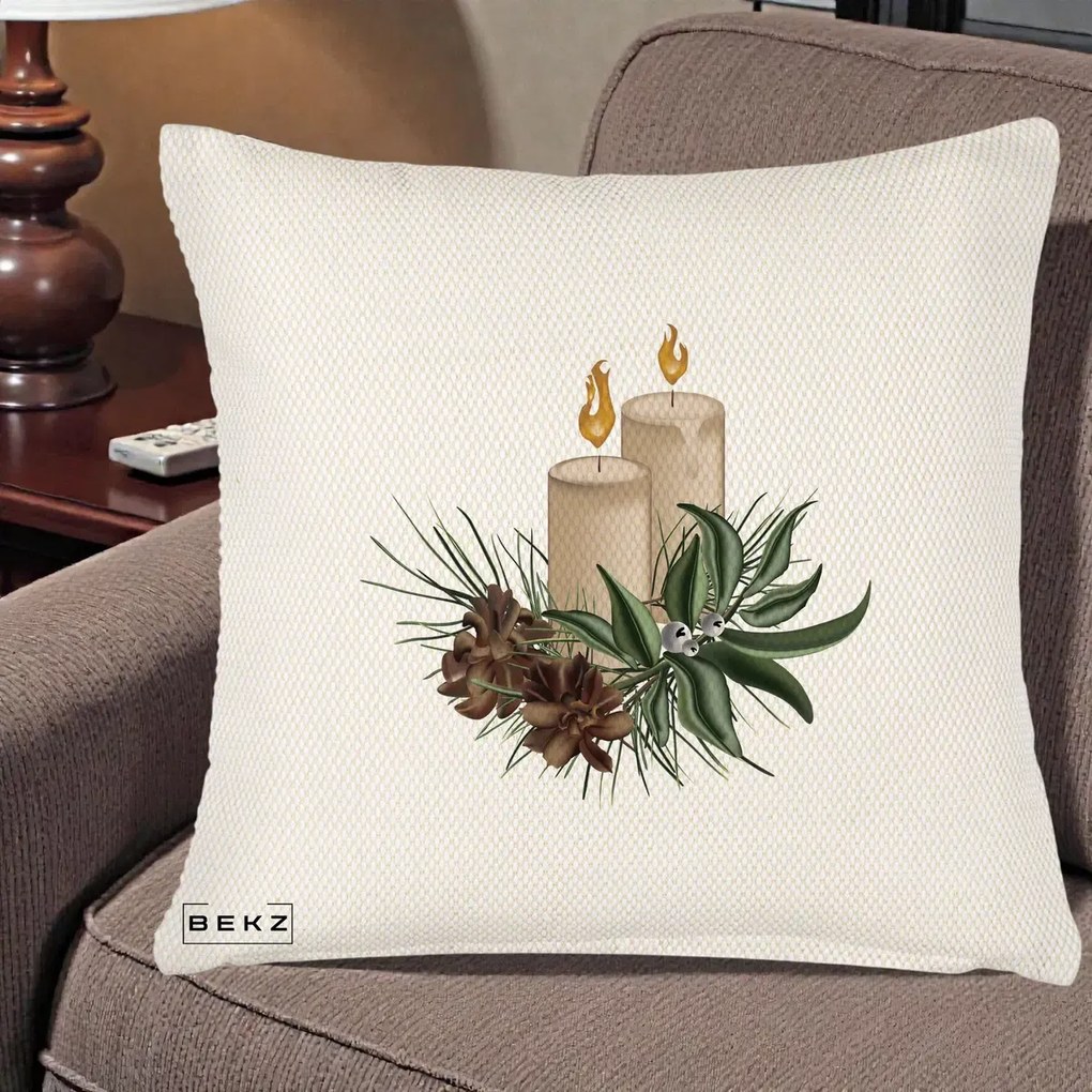 Perna Decorativa Lumanari cu Ilex si Conuri Ilustratie, 40x40 cm, Crem Reliefat, Husa Detasabila, Perna Inclusa, BEKZ®