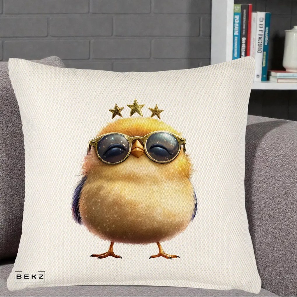 Perna Decorativa Pui Gold Star cu Ochelari Aurii, 40x40 cm, Crem Reliefat, Husa Detasabila, Perna Inclusa, BEKZ®