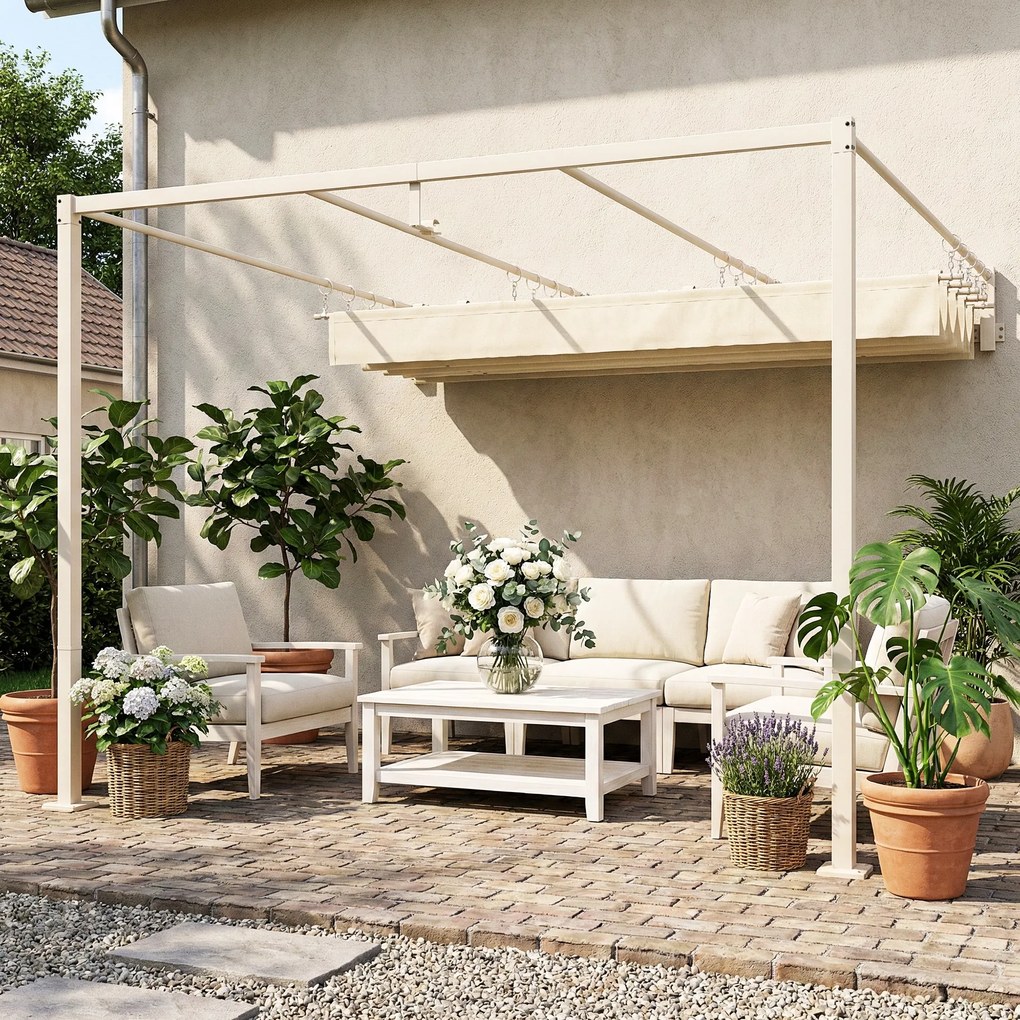 Outsunny Pergolă Gazebo 3x3 m cu Acoperiș Retractabil, Orificii de Drenaj, Pergolă de Grădină din Poliester și Oțel, pentru Patio, Terasă, Exterior, UV30+, Bej | Aosom Romania
