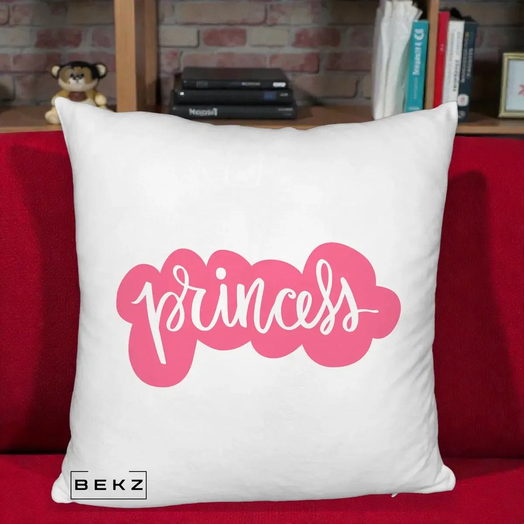 Perna Decorativa Princess Text Roz, 40x40 cm, Alb Pufos, Husa Detasabila, Perna Inclusa, BEKZ®