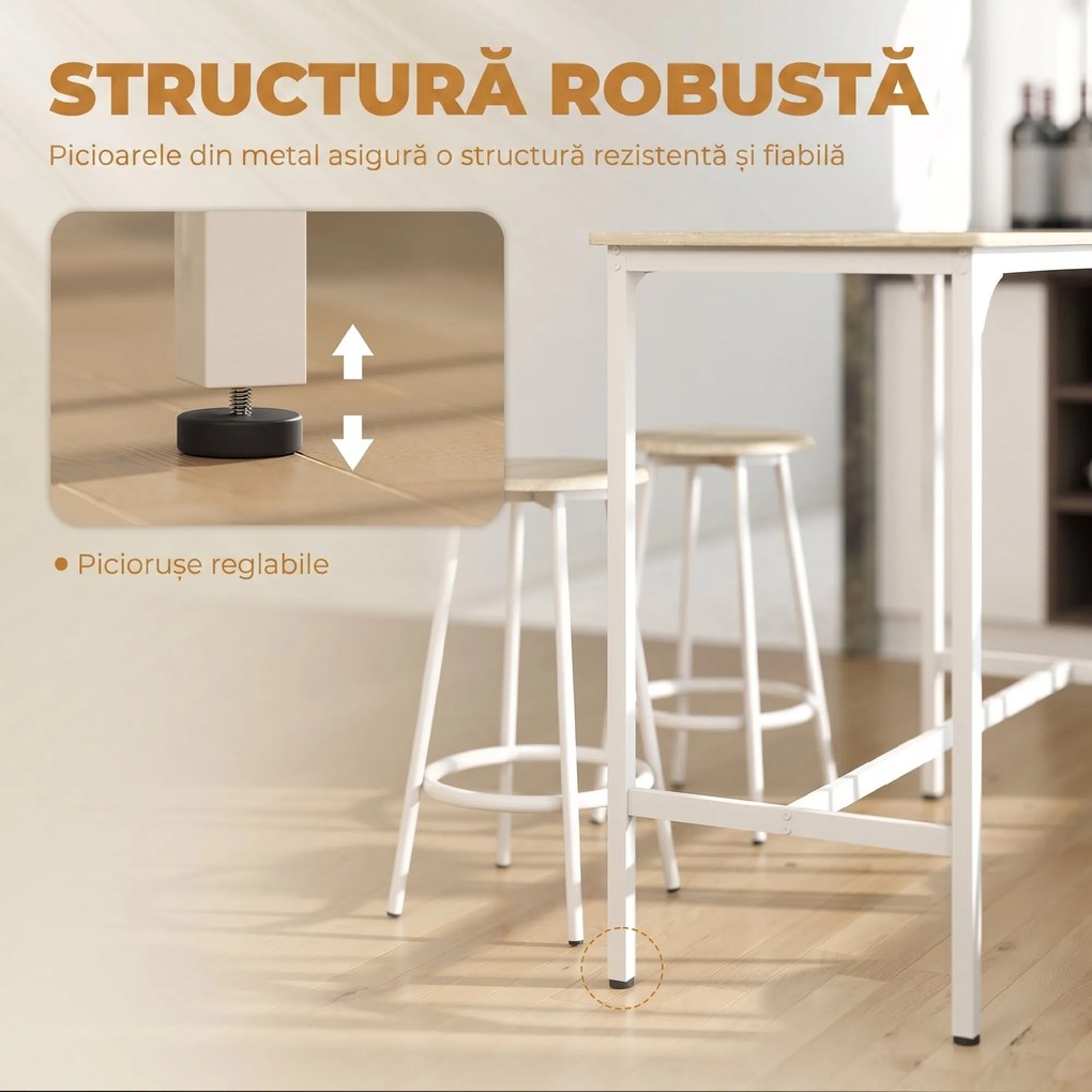 HOMCOM Set de Dining 5 Piese cu Bar 110x50x89,5 cm și Scaune Ø30x60,5 cm din Lemn și Metal Nuanță Lemn | Aosom Romania