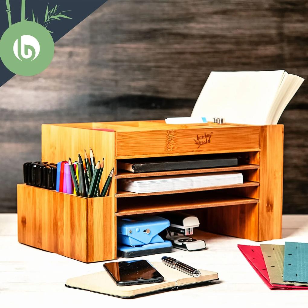 Organizator de birou, cu multe compartimente, 3 compartimente, 40 × 20 × 23 cm, 100% bambus