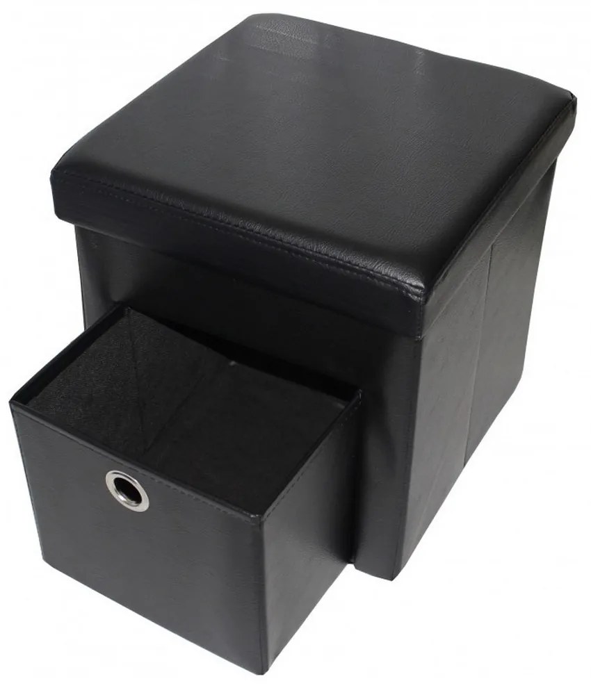 Taburet cu cutie de depozitare si sertar HouseXL™ 6100, Dimensiuni 38X38X38cm, Max 150 kg, Capac moale din piele ecologica, Negru