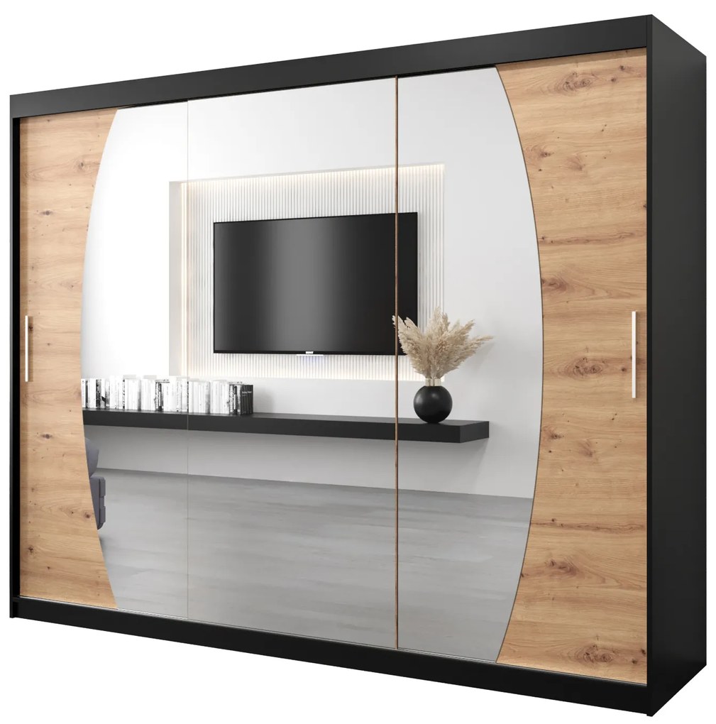 Dulap de haine 250 cm Eclipse (Negru mat + Stejar artisan). 1063447