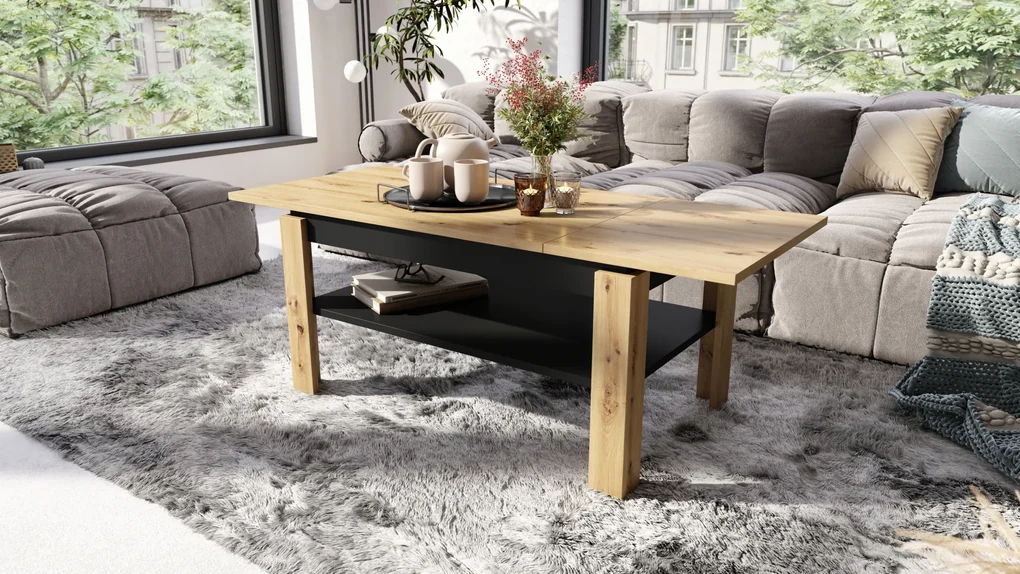Mazzoni ASTI-R Stejar Artisan/Negru – MASĂ/MĂSUȚĂ CAFEA MODERNĂ CU BLAT EXTENSIBIL