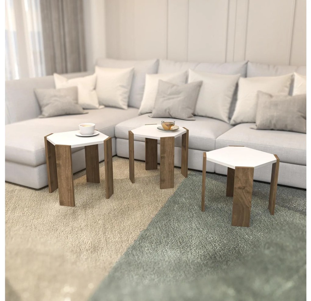 Set 3 măsuțe cafea Lorizolla (alb + nuc). 1106451
