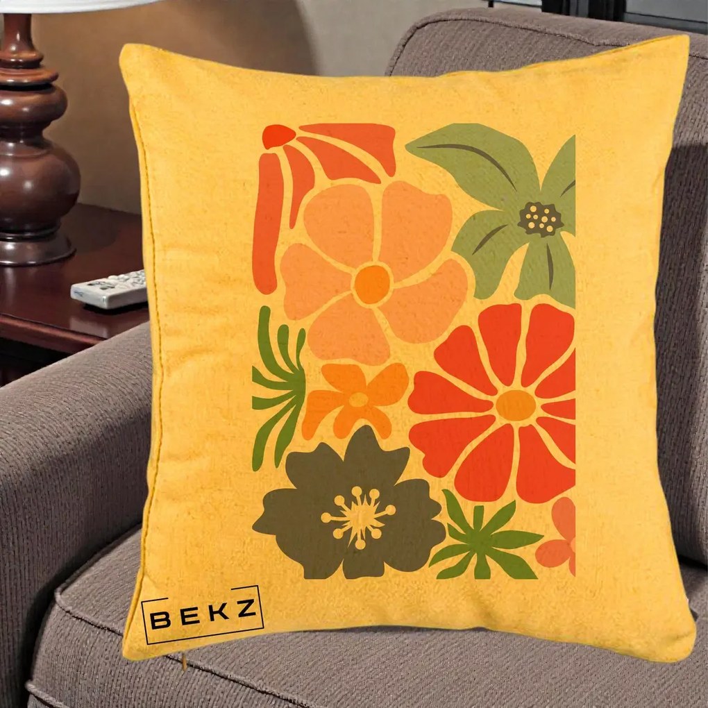 Perna Decorativa Flori Grafice Roz-Rosu-Albastru, 40x40 cm, Galben, Husa Detasabila, Perna Inclusa, BEKZ®