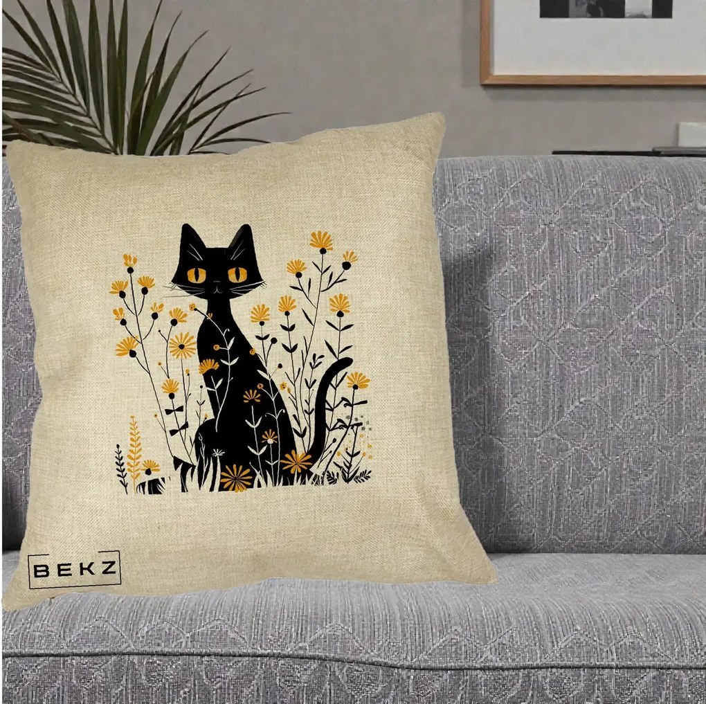 Perna Decorativa Pisica Neagra Ochi Galbeni Flori Galbene, 40x40 cm, Crem, Husa Detasabila, Perna Inclusa, BEKZ®
