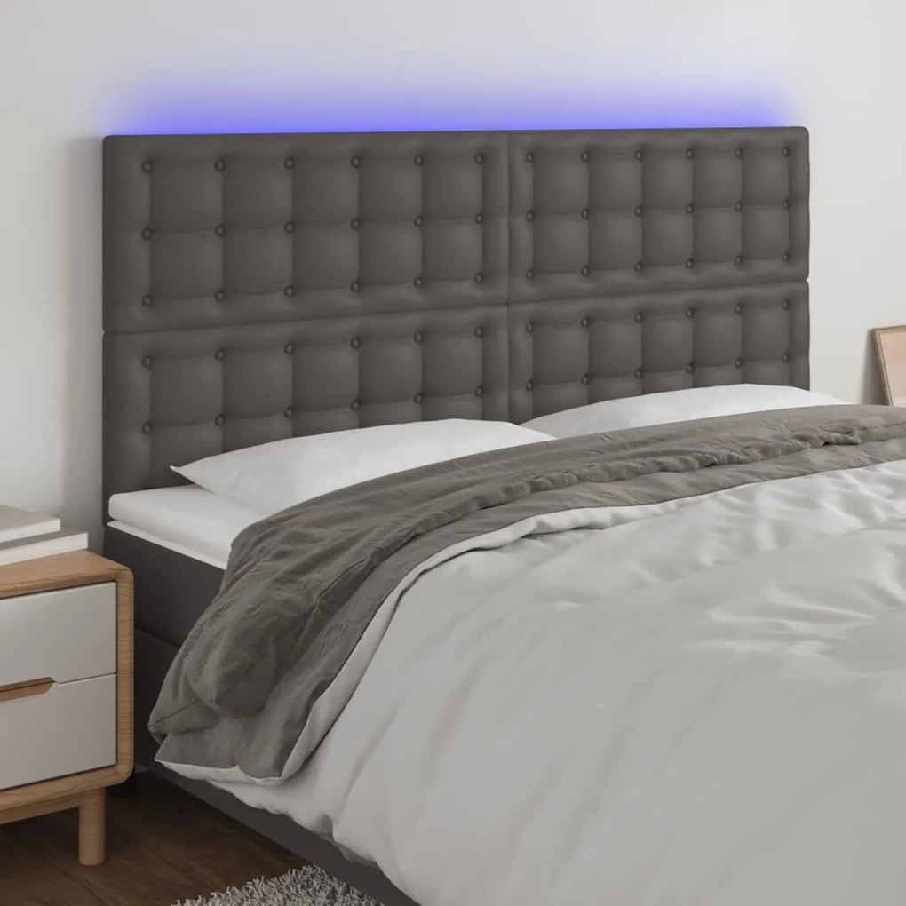 vidaXL Tăblie cu LED-uri, gri, 160x5x118/128 cm, piele ecologică