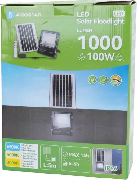 Aigostar-LED Proiector LED solar/100W/3,2V 2000mAh 3000K/4000K/6500K IP66 + telecomandă
