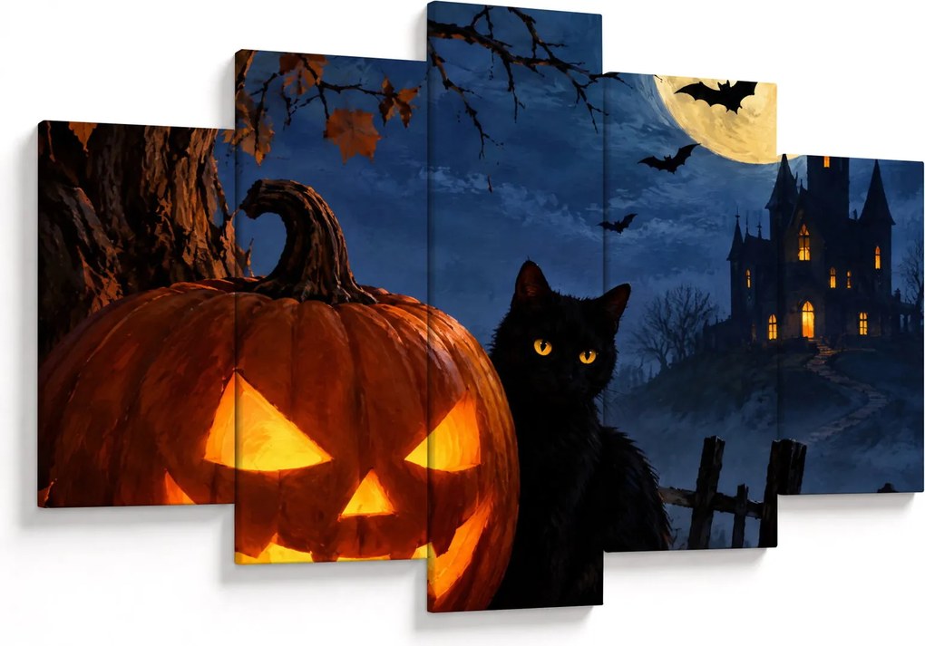 XXL Tablou - Pisică neagră lângă un dovleac luminat de Halloween (150x105 cm)
