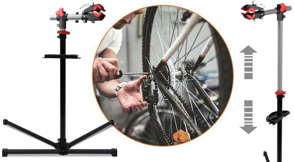 Stand pentru reparatii biciclete cu suport pentru scule cadou