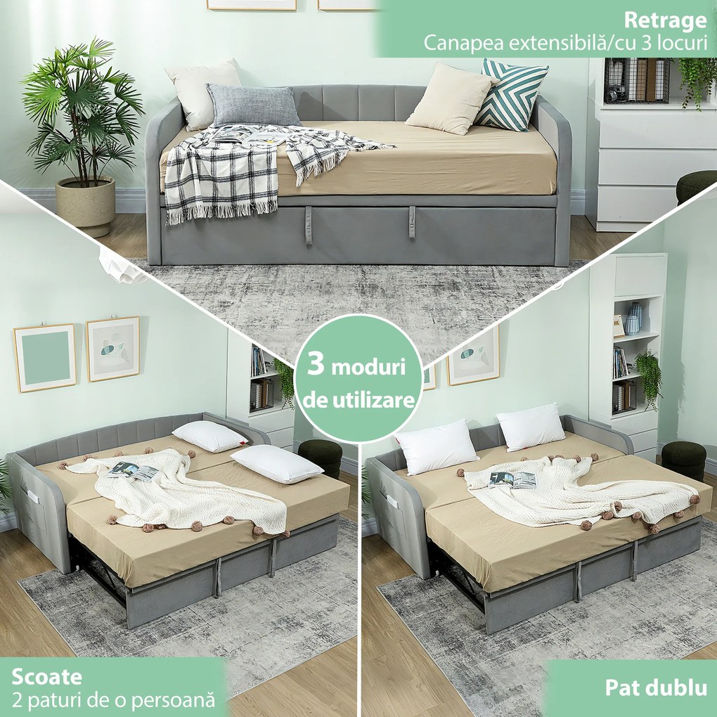 HOMCOM Pat Canapea 90/180x190 cm, Pat Extensibil Convertibil în Pat Dublu, Tapițerie, Cotiere, 2 Buzunare, Lamele din Plop, pentru Living sau Oaspeți, Gri Deschis | Aosom Romania